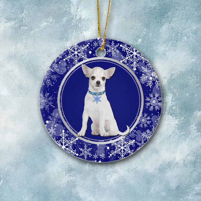 Blue White Snowflake White Chihuahua Ceramic Ornament (Creator Uploaded)