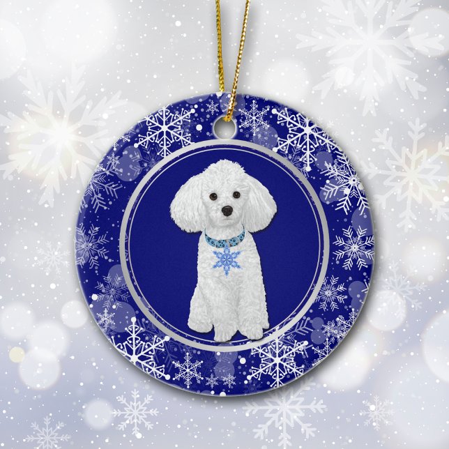 Blue White Snowflake White Poodle Christmas Ceramic Ornament (Creator Uploaded)
