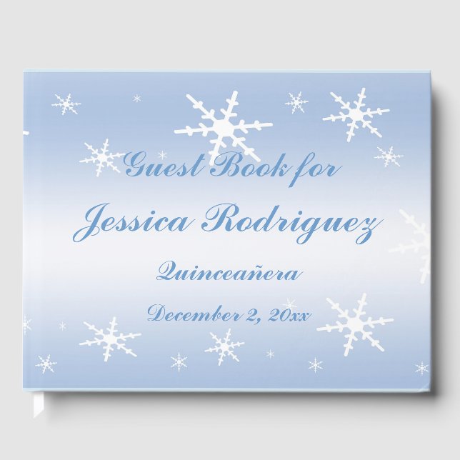 Blue White Snowflake Winter Quinceañera Guest Book (Front)
