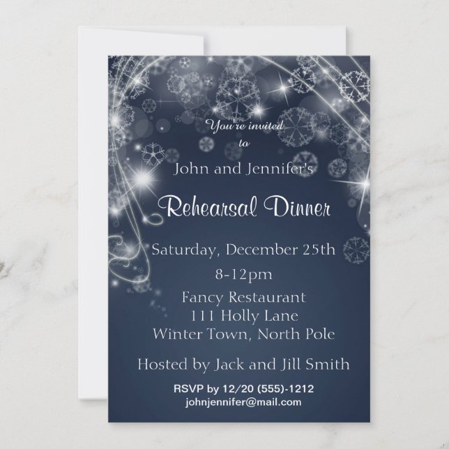 Blue White Snowflake Winter Rehearsal Dinner Invitation (Front)