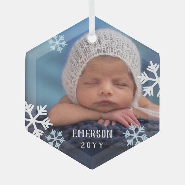 Blue White Snowflakes Baby Photo Add Name & Year Glass Ornament (Front)