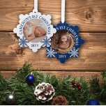 Blue White Snowflakes Baby's 1st Christmas Ornament Card<br><div class="desc">Snowflake shaped photo ornament with a round photo of your baby with curved text and pretty snowflakes.</div>