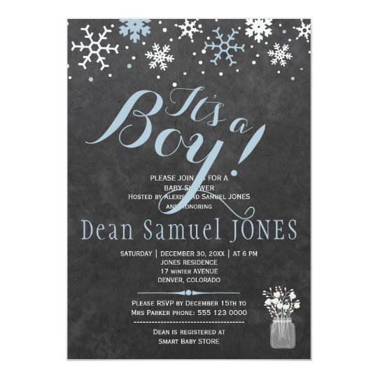Blue white snowflakes chalkboard boy baby shower card