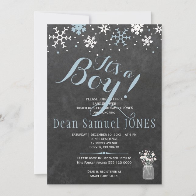 Blue white snowflakes chalkboard boy baby shower invitation (Front)