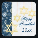 Blue, White Snowflakes Happy Hanukkah Sticker<br><div class="desc">This elegant and festive blue,  white and gold "Happy Hanukkah" sticker has glittering points of light,  snowflakes,  and four gold Stars of David ornaments on it that matches the Hanukkah invitation shown below. If you need assistance,  email niteowlstudio@gmail.com.</div>