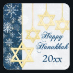 Blue, White Snowflakes Happy Hanukkah Sticker<br><div class="desc">This elegant and festive blue, white and gold "Happy Hanukkah" sticker has glittering points of light, snowflakes, and four gold Stars of David ornaments on it that matches the Hanukkah invitation shown below. If you need assistance, email niteowlstudio@gmail.com.</div>