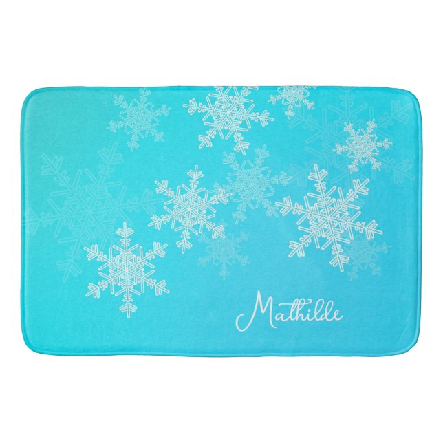 Blue White Snowflakes Minimalist Christmas Name Bath Mat (Front)