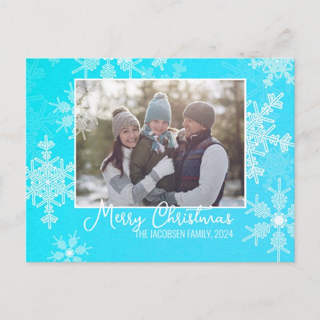 Blue White Snowflakes Minimalist Christmas Photo Holiday Postcard (Front)