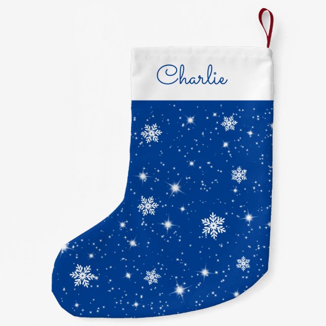 Blue White Snowflakes Stars Pattern with Name Small Christmas Stocking (Back)