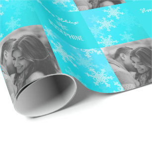 Blue White Snowlfake Minimalist Photo Christmas Wrapping Paper