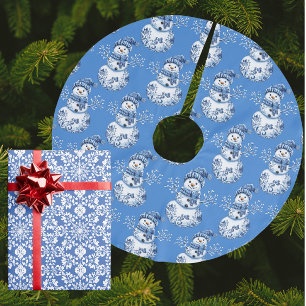 Blue White Snowman Brushed Polyester Tree Skirt
