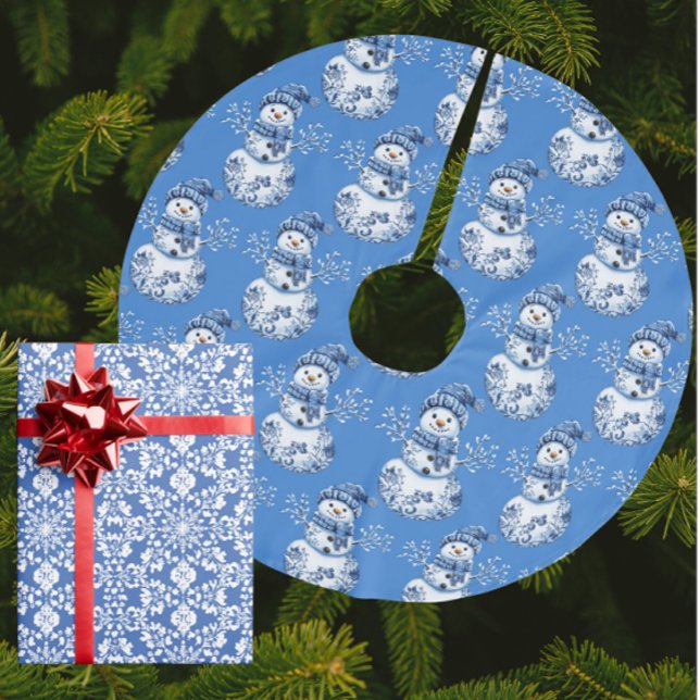 Blue White Snowman  Brushed Polyester Tree Skirt (Happy jolly snowman tree skirt!)