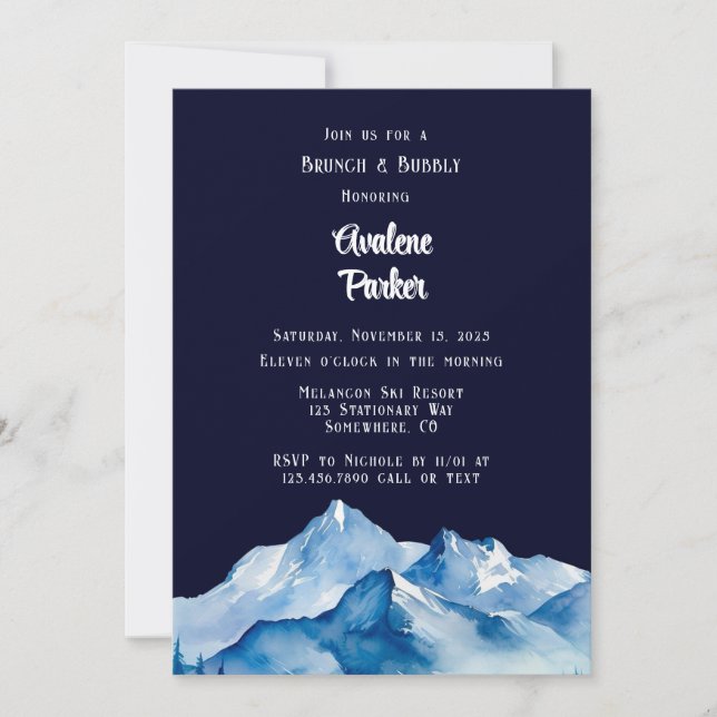 Blue White Snowy Mountains Brunch & Bubbly Invitation (Front)
