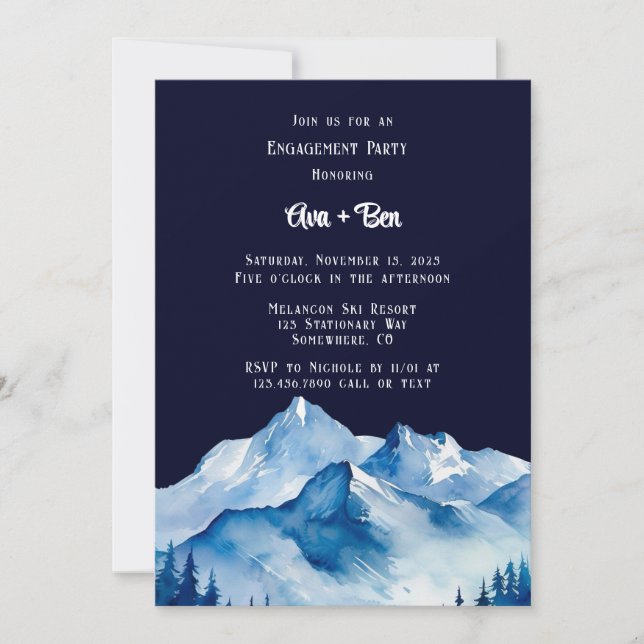 Blue White Snowy Mountains Engagement Party Invitation (Front)