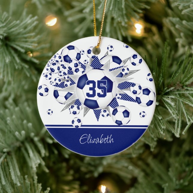 Blue white soccer balls stars commemorative year ceramic ornament (Tree)
