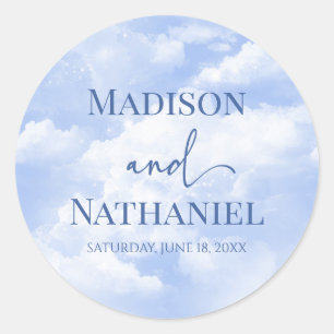 Blue White Sparkle Clouds Dreamy Elegant Wedding Classic Round Sticker