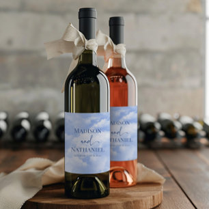 Blue White Sparkle Clouds Dreamy Elegant Wedding Wine Label