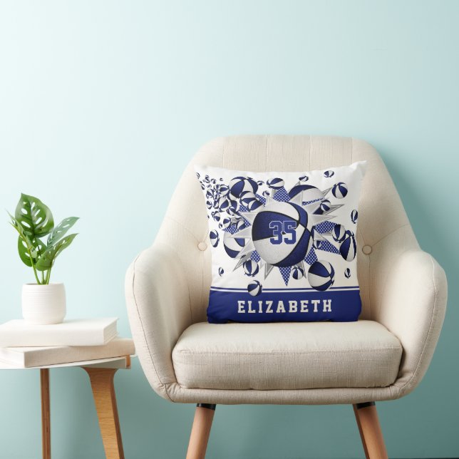 blue white sports room girls basketballs stars throw pillow (Chair)