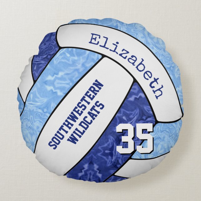blue white sports team colours girly volleyball round pillow (Front)
