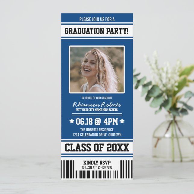 Blue|White Sporty Graduation Party Ticket Invitation (Standing Front)