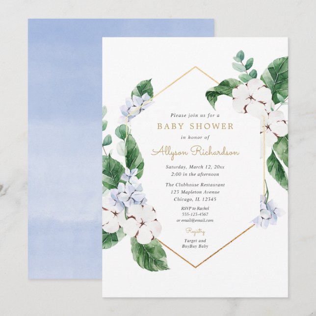 Blue white spring florals gold boy baby shower invitation (Front/Back)
