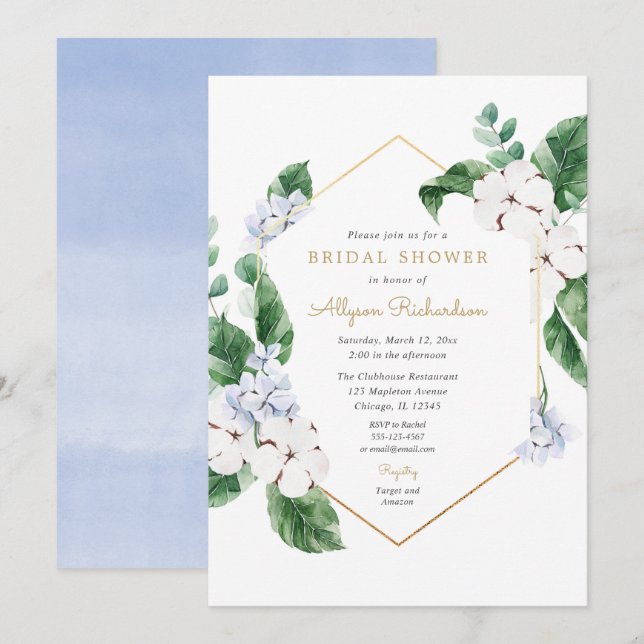 Blue white spring florals gold frame bridal shower invitation (Front/Back)