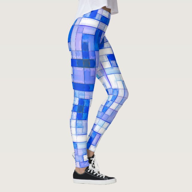  Blue White Square Geometric Pattern Personalize Leggings (Right)