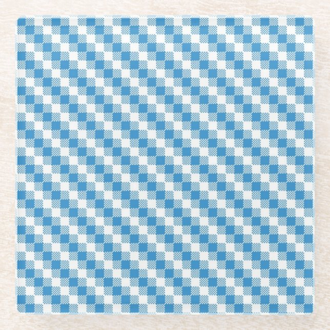 Blue-white squares background glass coaster (Front)