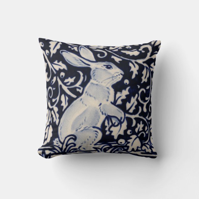 Blue White Standing Rabbit Hare Bunny Chinoiserie Throw Pillow (Front)