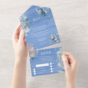 Blue white starfish seahorse beach theme wedding  all in one invitation