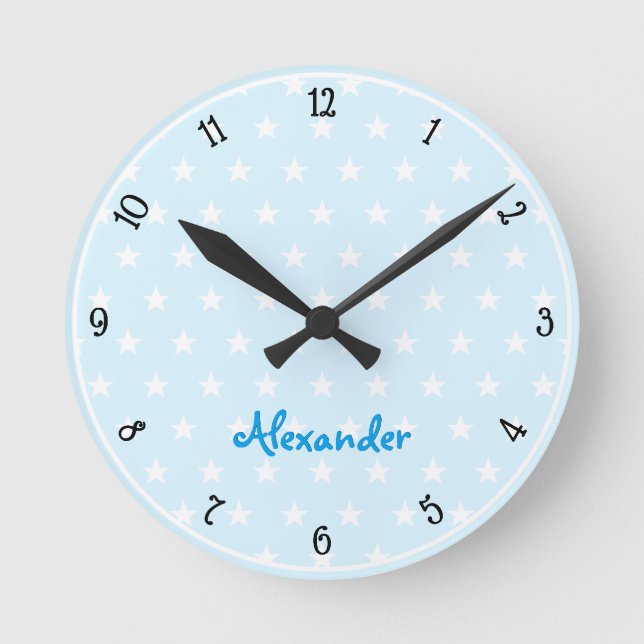 Blue White Stars Custom Name Boys Room Nursery Round Clock (Front)