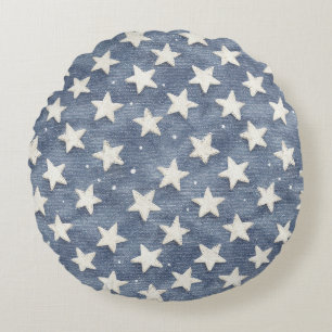 Blue White Stars Glitter Round Pillow