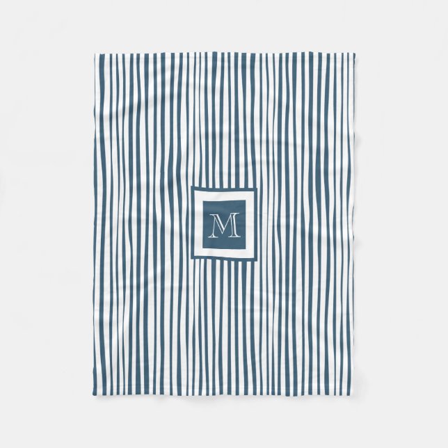 Blue White Stripe Custom Monogram Personalized Fleece Blanket (Front)