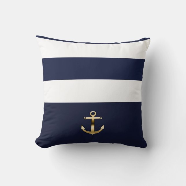 Blue & White Stripe Gold Anchor Nautical Chic Throw Pillow (Front)