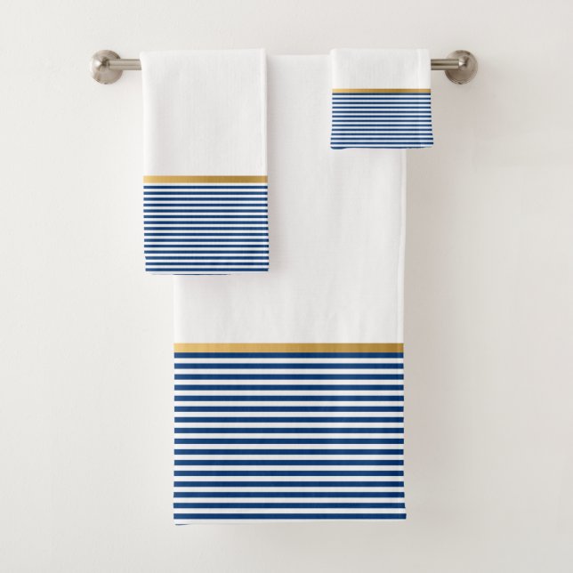 BLUE WHITE STRIPE GOLD BATHROOM TOWEL SET (Insitu)