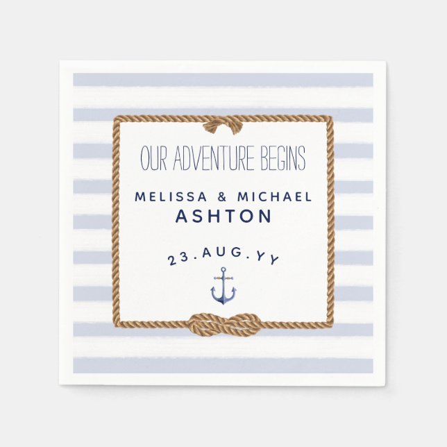 Blue & White Stripe Nautical Knot Infinity Wedding Napkin (Front)