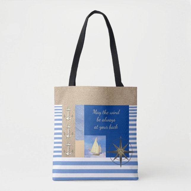 Blue & White Stripe Nautical Sail Tote Bag (Front)