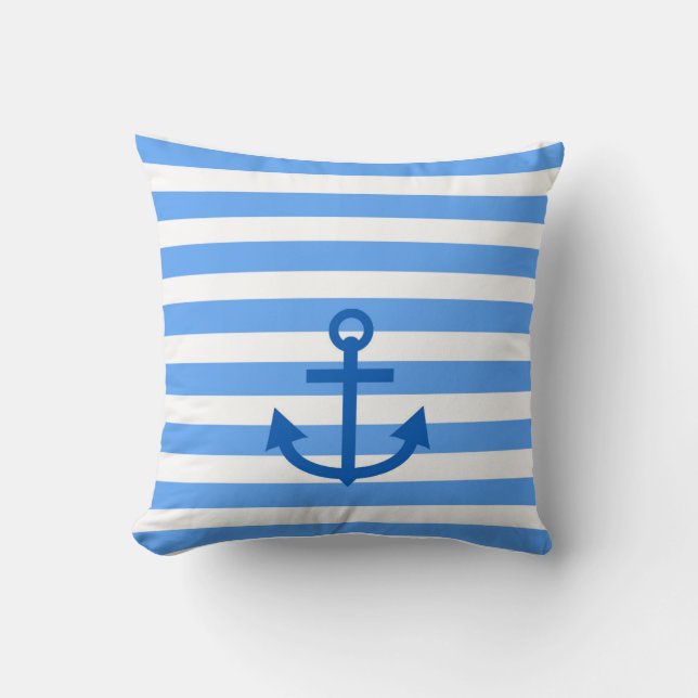 Blue & White Stripe Pattern with Anchor Throw Pillow (Front)