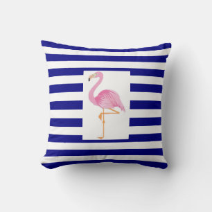 Blue & white stripe pink flamingo pillow