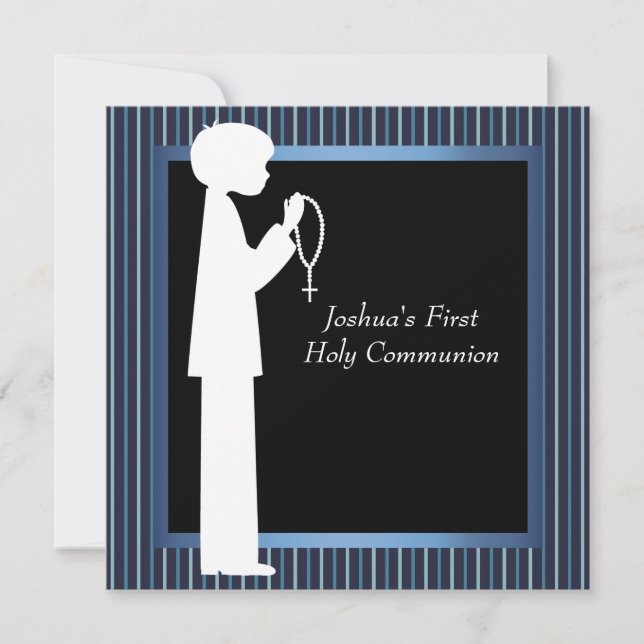Blue White Stripe Rosary Boys First Communion Invitation (Front)