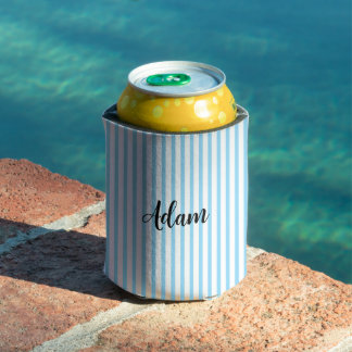 Blue White Stripe Script Name Personalized Can Cooler