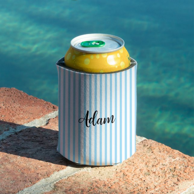 Blue White Stripe Script Name Personalized Can Cooler (In Situ Pool)