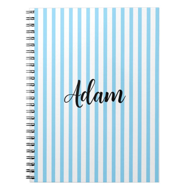 Blue White Stripe Script Name Personalized Notebook (Front)