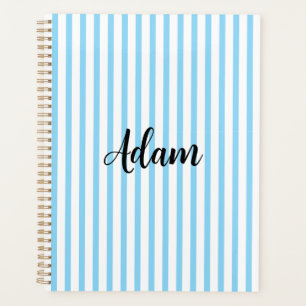 Blue White Stripe Script Name Personalized Planner