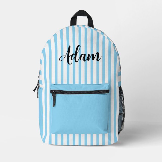 Blue White Stripe Script Name Personalized Printed Backpack (Front)