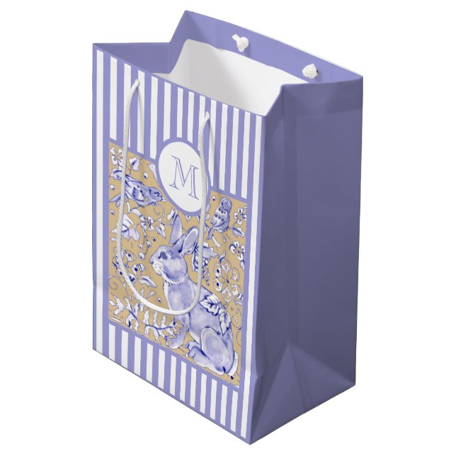 Blue White Stripe Tan Rabbit Bird Floral Monogram Medium Gift Bag (Front Angled)