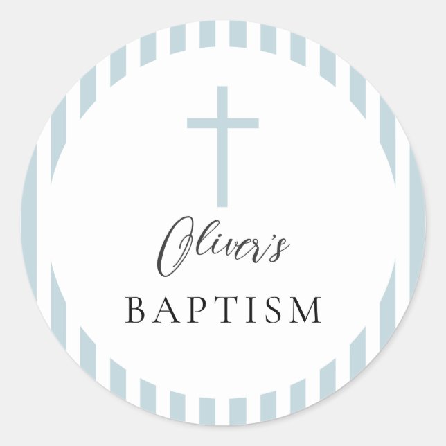 Blue White Striped Boy Baptism Classic Round Sticker (Front)