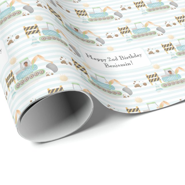 Blue White Striped Construction Digger Photo Name  Wrapping Paper (Roll Corner)