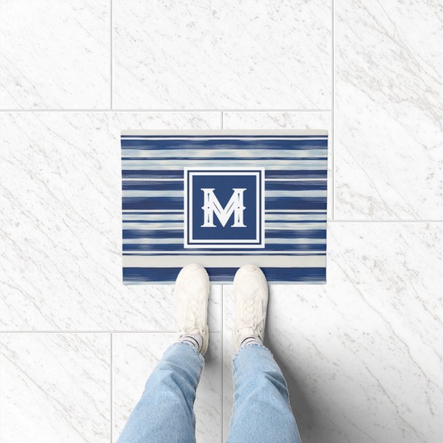 Blue & White Striped Monogram Doormat (Indoor)