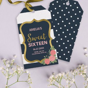 Blue & White Stripes, Blush Pink Roses Sweet 16 Gift Tags